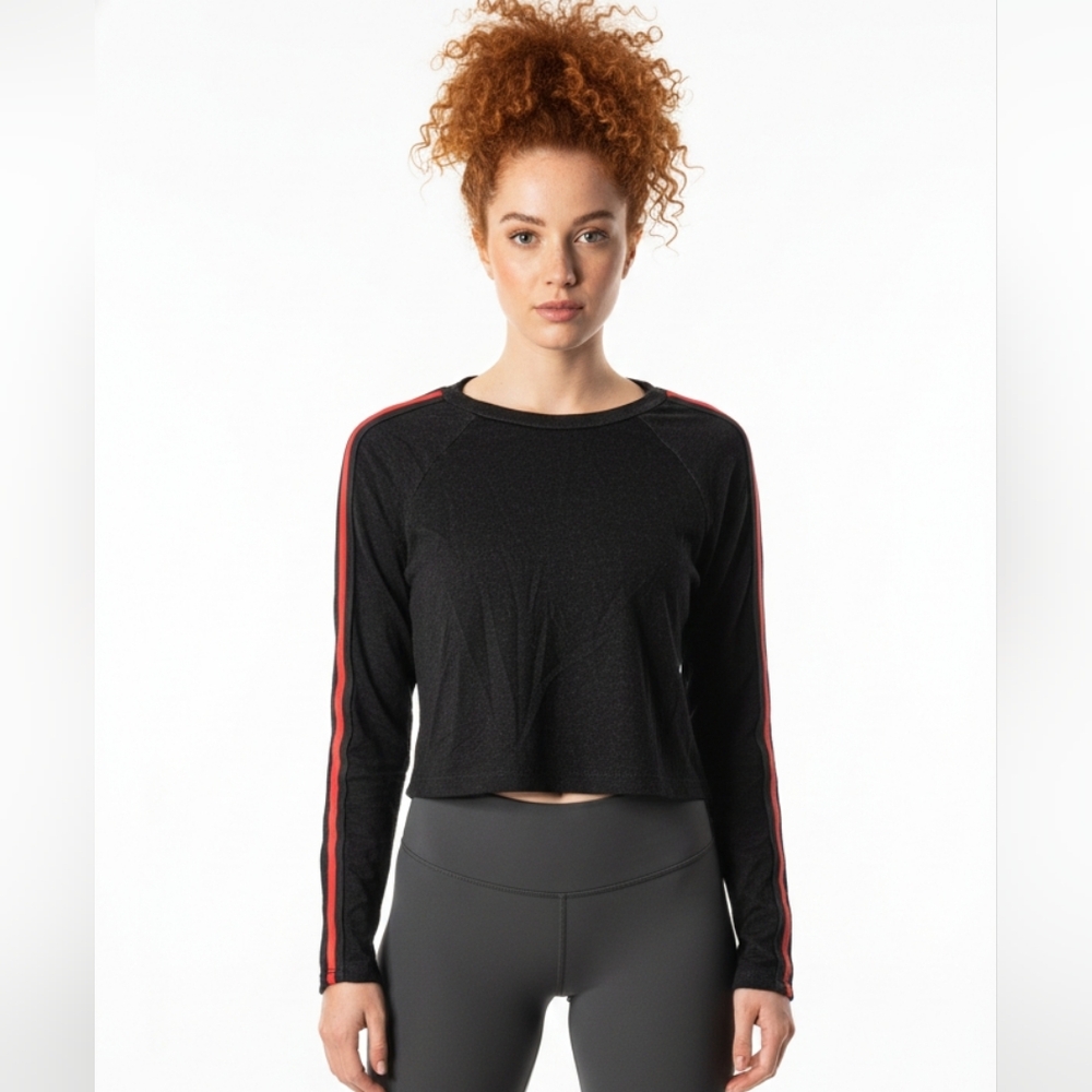 Ever Hottie Women's Black Long Sleeve Top with Red Stripes Crop NWOT